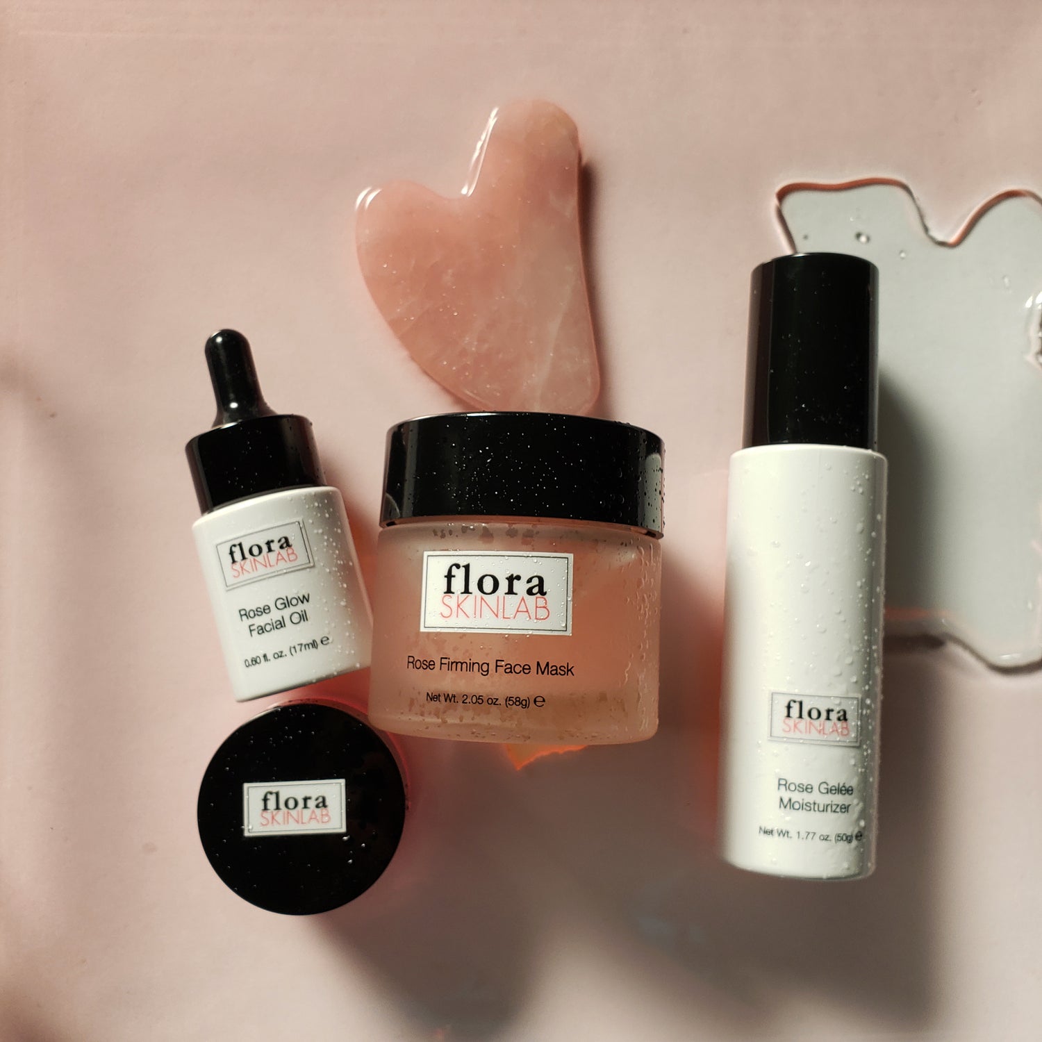 flora skinlab rose collection, rose quartz gua sha, rose glow facial oil, rose face mask, rose moisturizer.